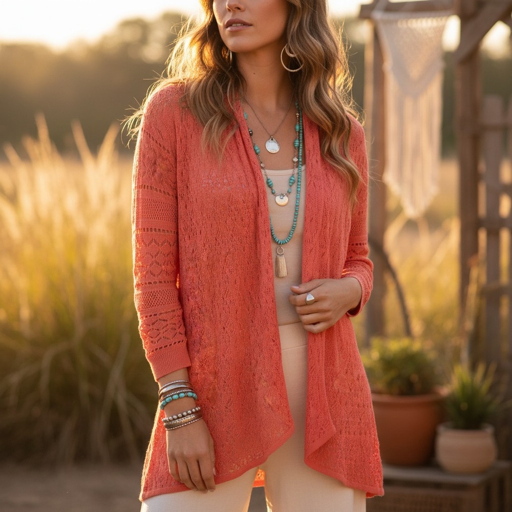 Roz Ali Cardigan‎ Sweater Coral Boho Cottage Coastal Beach Lightweight Summer S